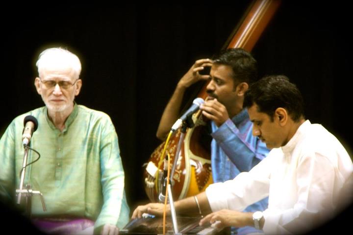 Mukul accompanying Guru Pandit Arun Kashalkar in a concert at Temple of Fine Arts, Singapore