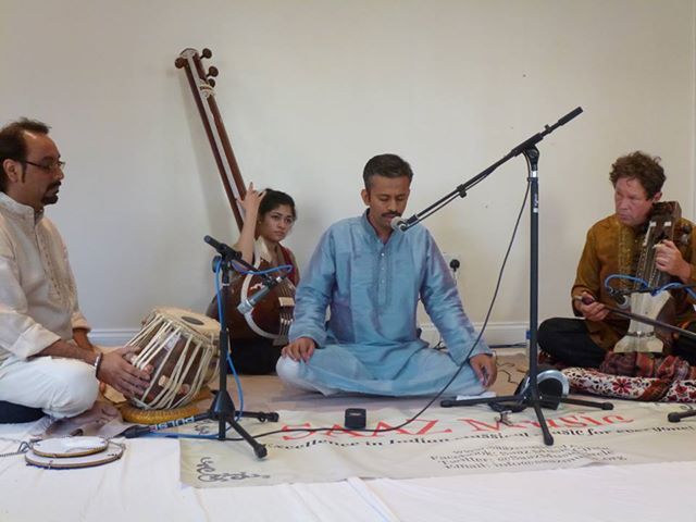 Mukul in concert at Sikh Missionary Soc, Southall, UK, accompanying Manjeet Singh on Tabla, Dr. Nicholas Magriel on Sarangi and Shahana Sokhi on Tanpura